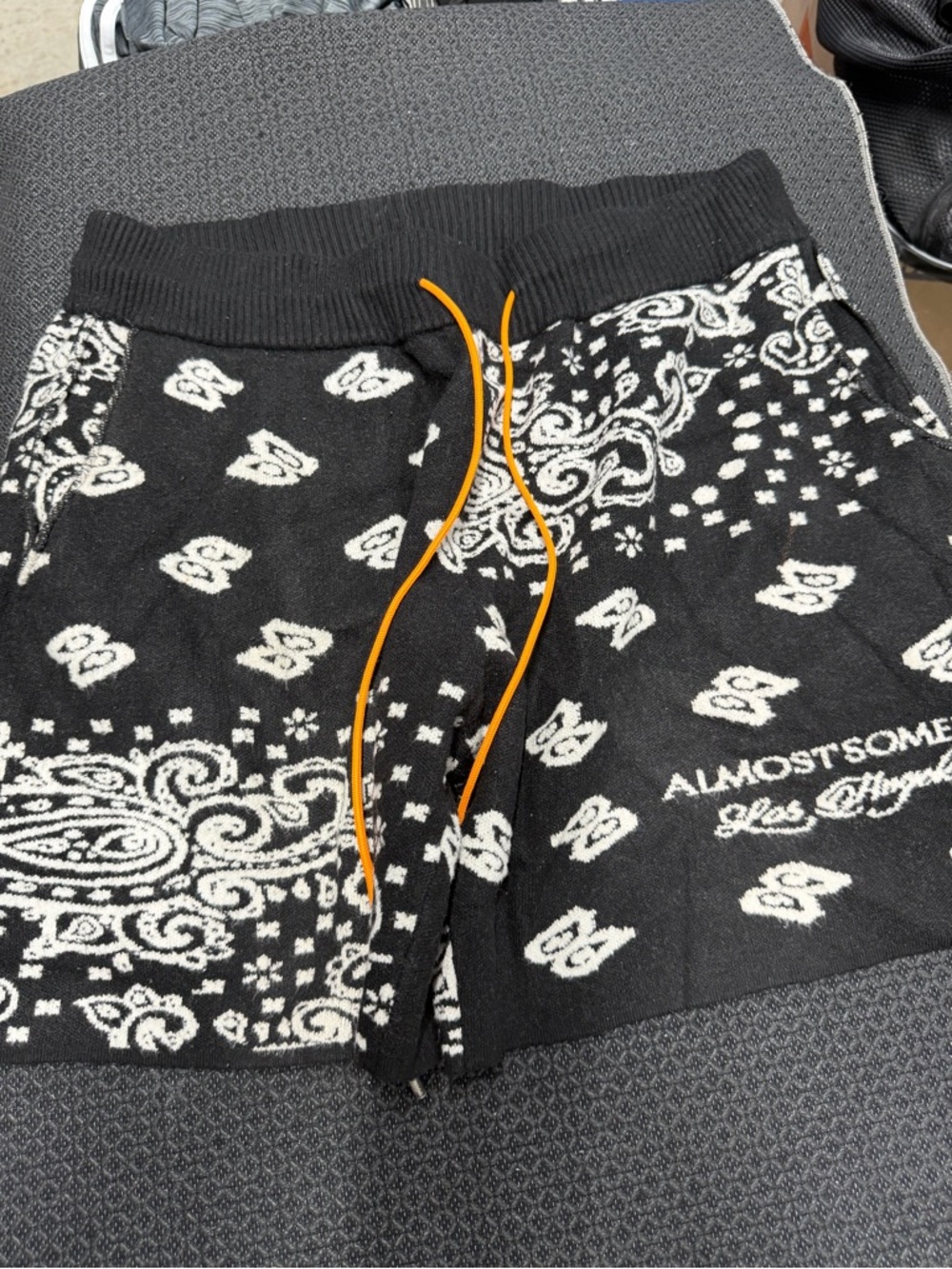 Almost someday Black Bandana Knit Shorts with Orange Drawstring